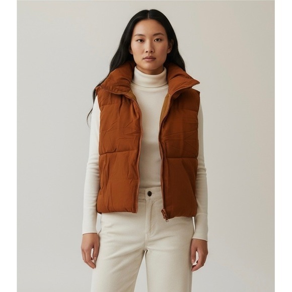 Jackets & Blazers - Puffer Shorty Vest Women's XL Brown Stand Collar Sleeveless Zip Up Outerwear